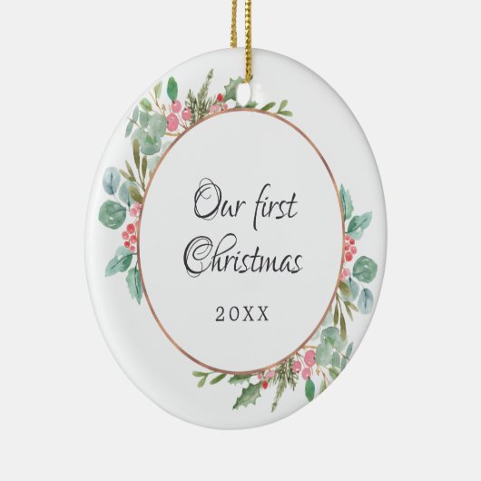 Waterverf Geometric Onze eerste kerstfoto Keramisch Ornament (Rechts)