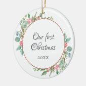 Waterverf Geometric Onze eerste kerstfoto Keramisch Ornament (Links)