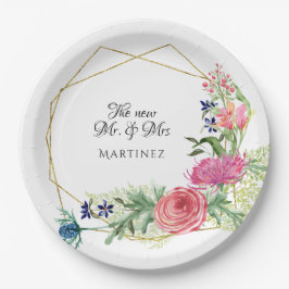 Waterverf Geometrisch Modern Roze n Navy Bloemen Papieren Bordje