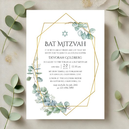 Waterverf Geometrische Eucalyptus Bat Mitzvah Kaart
