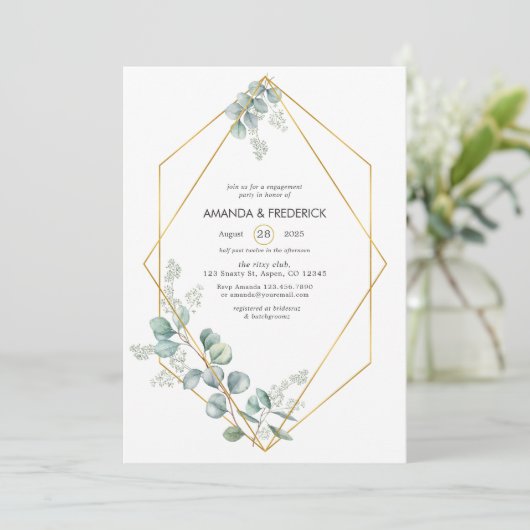 Waterverf Geometrische Eucalyptus Engagement Party Kaart (Staand voorkant)
