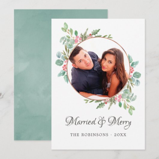 Waterverf Geometrische Eucalyptus Getrouwd en Merr Feestdagenkaart (Voorkant / Achterkant)