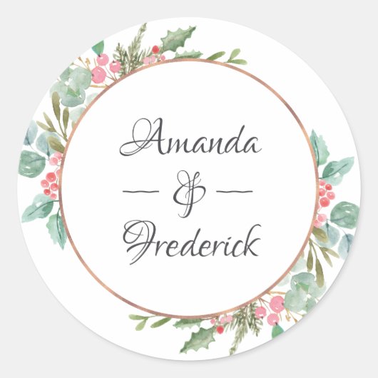 Waterverf Geometrische Eucalyptus Kerst Huwelijk Ronde Sticker (Voorkant)