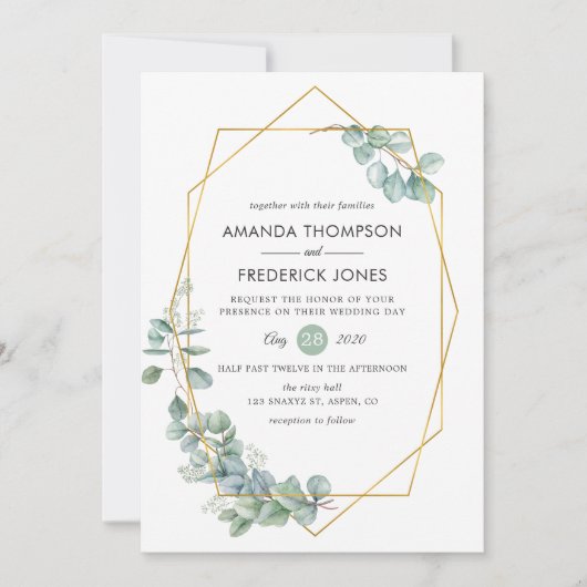 Waterverf Geometrische Eucalyptusbruiloft Kaart (Voorkant)