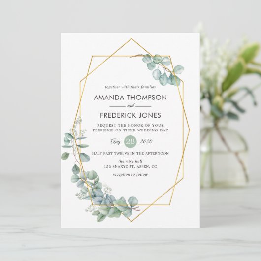 Waterverf Geometrische Eucalyptusbruiloft Kaart (Staand voorkant)