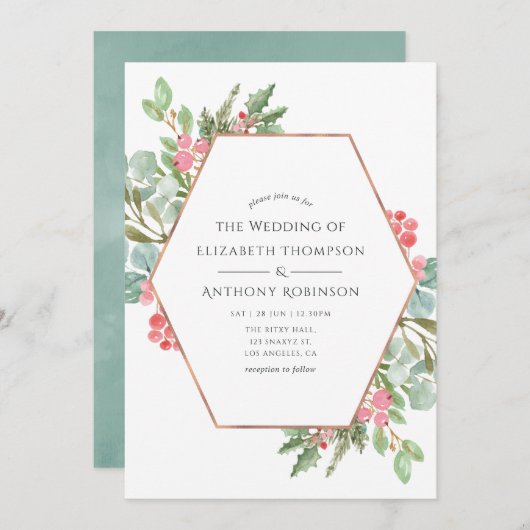Waterverf Geometrische Eucalyptuskerstbruiloft Kaart (Voorkant / Achterkant)