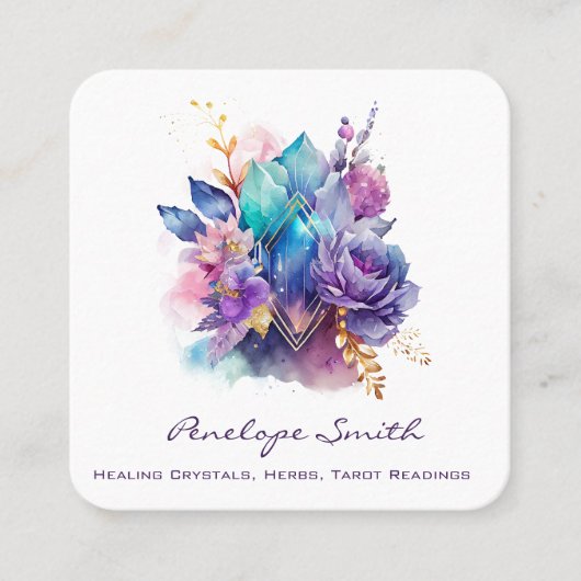 Waterverf Geometrische kristallen en bloemen Vierkante Visitekaartje (Voorkant)
