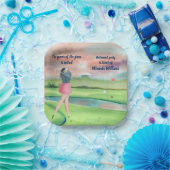 Waterverf Gepensioneerd Golf Vrouw op de Groene Papieren Bordje (Feest)