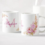 Waterverf gepersonaliseerd monogram voor Floral Koffiemok<br><div class="desc">Een prachtig paars roos en pony met de hand schilderde waterverf florale illustratie op een mok met je eigen gepersonaliseerde monogram en naam.</div>