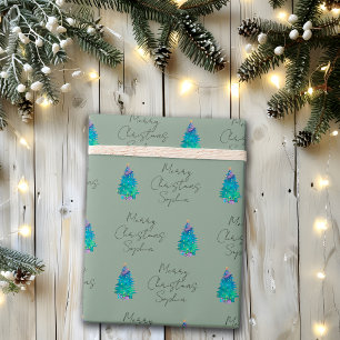 Waterverf Gepersonaliseerde Sage Green Merry Kerst Cadeaupapier