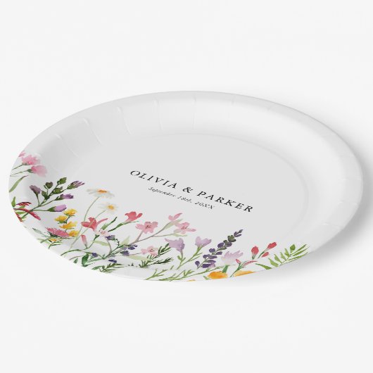 Waterverf geperste wilde bloemen bruiloft papieren bordje (Gekanteld)
