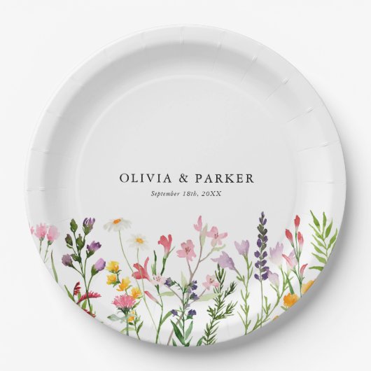 Waterverf geperste wilde bloemen bruiloft papieren bordje (Voorkant)