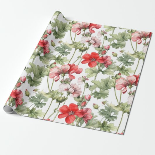 Waterverf  Geranium Flowers en Leaves Cadeaupapier (Uitgerold)