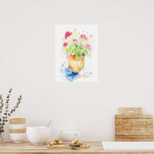 Waterverf geranium in terracotta pot poster (Keuken)