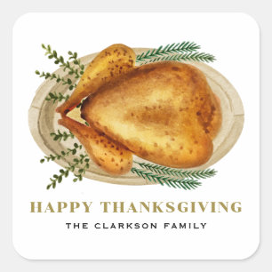 Waterverf Geroosterde Kalkoen Diner Thanksgiving Vierkante Sticker