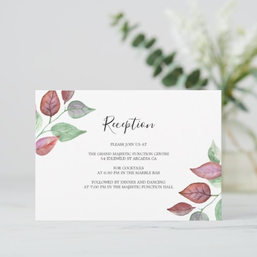 Waterverf geschilderd bordeaux blad bruiloft recep informatiekaartje (Staand voorkant)