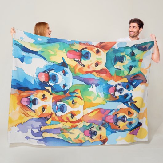 Waterverf geschilderd kleurrijke hondencollage fleece deken (In situ)