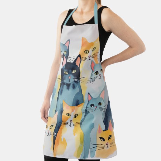 Waterverf geschilderd kleurrijke kat collage schort (Insitu)