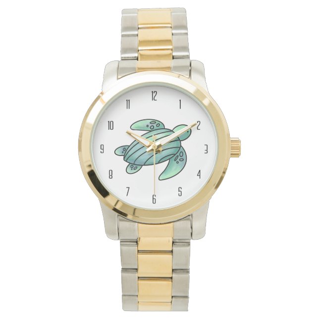 waterverf geschilderd zeeen schildpad cartoon blau horloge (Voorkant)