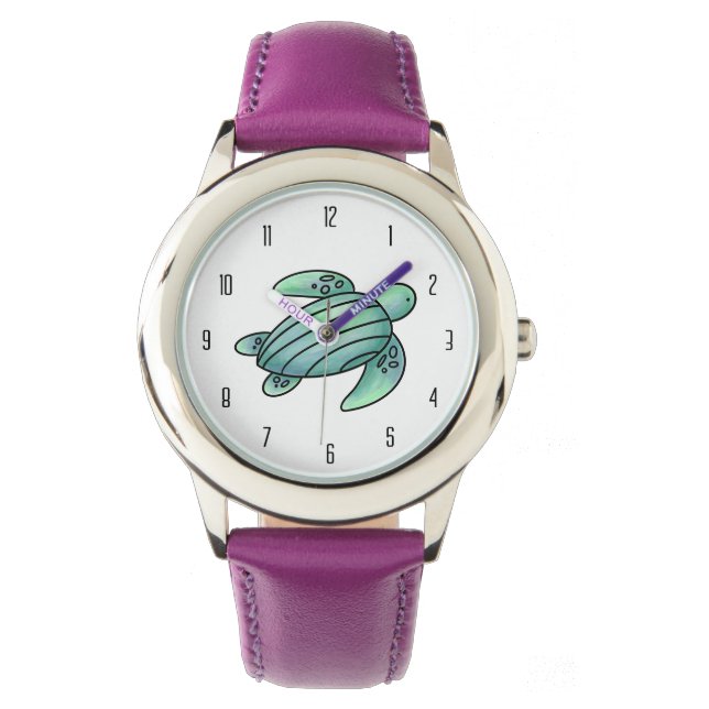 waterverf geschilderd zeeen schildpad cartoon blau horloge (Voorkant)