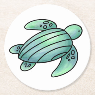 waterverf geschilderd zeeen schildpad cartoon blau ronde kartonnen onderzetter