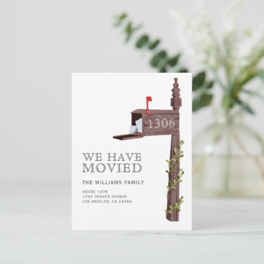 Waterverf geschilderde brievenbus nieuw huis verpl aankondigingskaart (Staand voorkant)