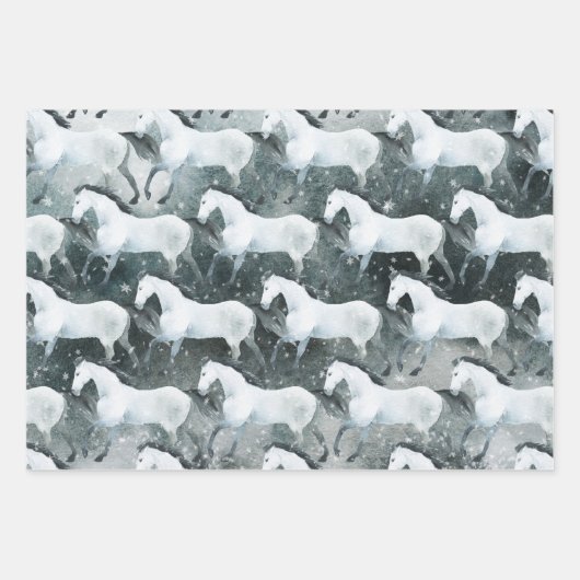 Waterverf Geschilderde Elegant Snowy White Horses Inpakpapier Vel (Voorkant 3)
