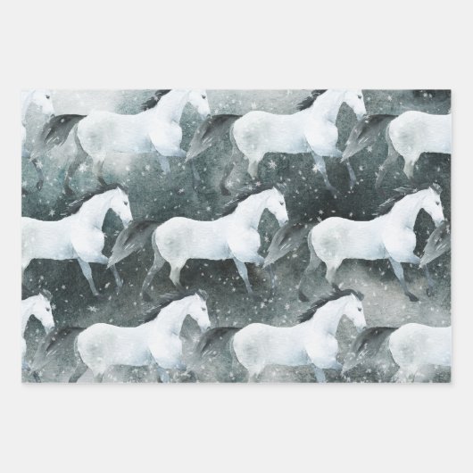 Waterverf Geschilderde Elegant Snowy White Horses Inpakpapier Vel (Voorkant)