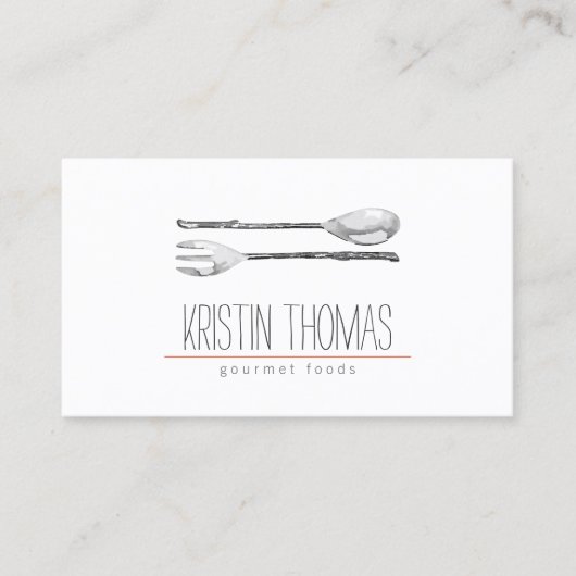 Waterverf geschilderde lepel en vork catering visitekaartje (Voorkant)
