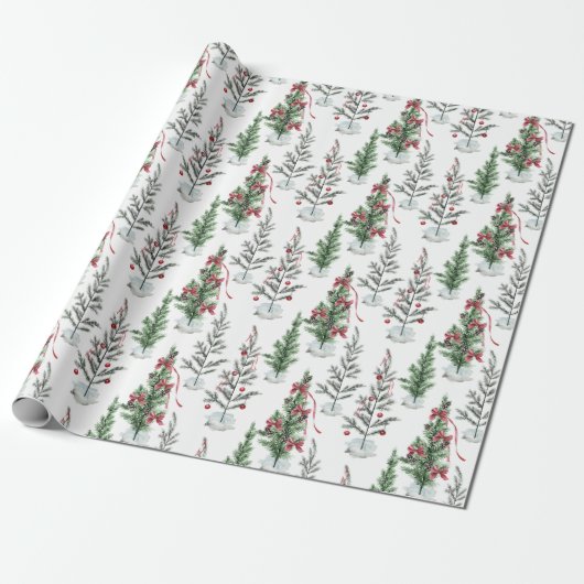 Waterverf geschilderde schaarse kerstbomen cadeaupapier (Uitgerold)