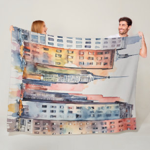 Waterverf geschilderde urban stadsgezicht skyscape fleece deken