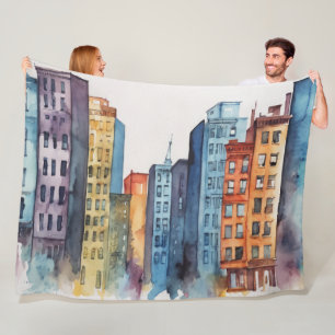 Waterverf geschilderde urban stadsgezicht skyscape fleece deken