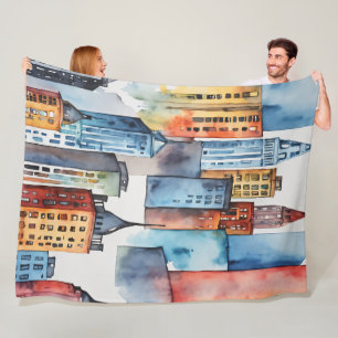 Waterverf geschilderde urban stadsgezicht skyscape fleece deken