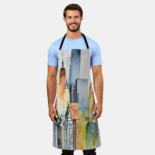 Waterverf geschilderde urban stadsgezicht skyscape schort (Gedragen)