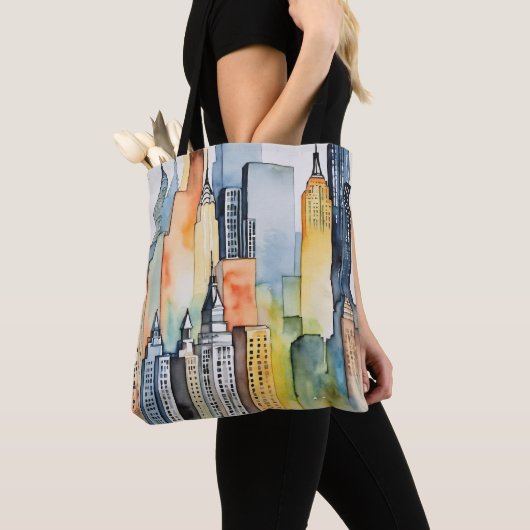 Waterverf geschilderde urban stadsgezicht skyscape tote bag (Dichtbij)