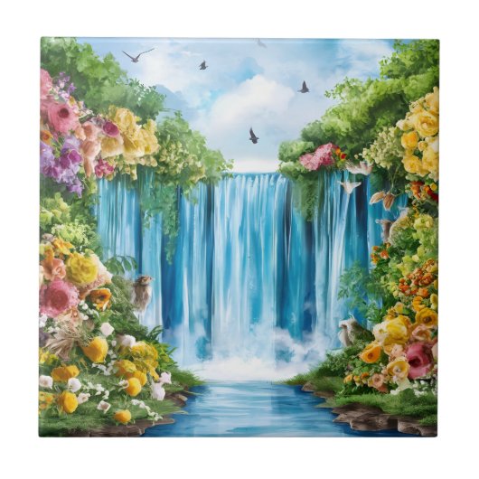 Waterverf geschilderde waterval tegeltje (Voorkant)