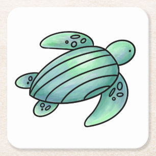 waterverf geschilderde zeeschildpad cartoon blauw  kartonnen onderzetters