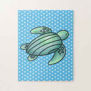 waterverf geschilderde zeeschildpad cartoon blauw  legpuzzel