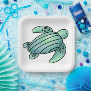 waterverf geschilderde zeeschildpad cartoon blauw  papieren bordje