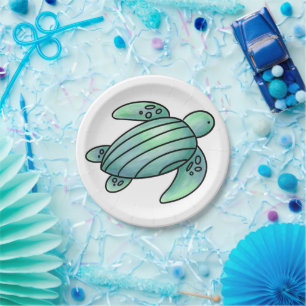 waterverf geschilderde zeeschildpad cartoon blauw papieren bordje