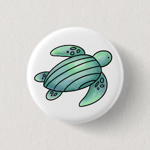waterverf geschilderde zeeschildpad cartoon blauw ronde button 3,2 cm