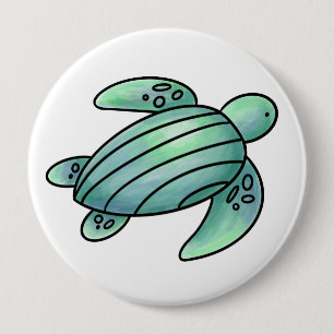 waterverf geschilderde zeeschildpad cartoon blauw ronde button 4,0 cm