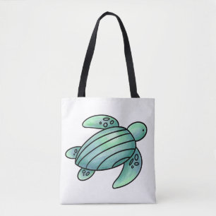 waterverf geschilderde zeeschildpad cartoon blauw tote bag