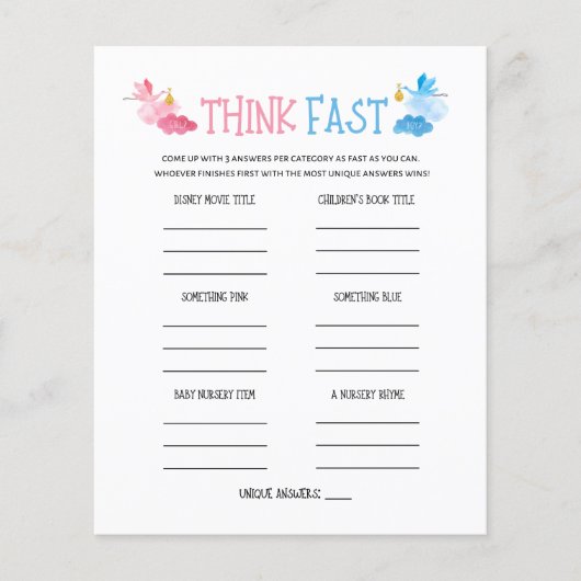 Waterverf Geslacht onthullen Denk snel spel (Voorkant)