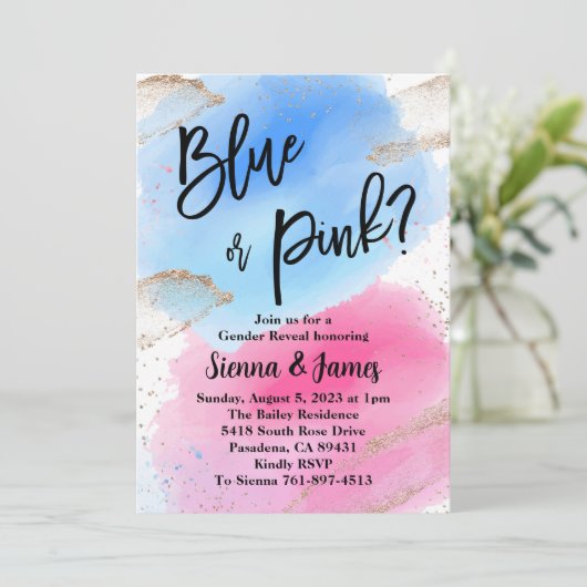 Waterverf Geslacht onthullen, roze of blauw, glitt Kaart (Staand voorkant)