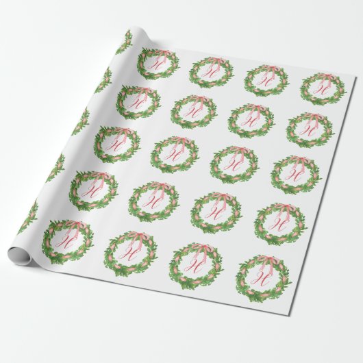 Waterverf Gestreepte Boog krans Kerstmis Monogram Cadeaupapier (Uitgerold)