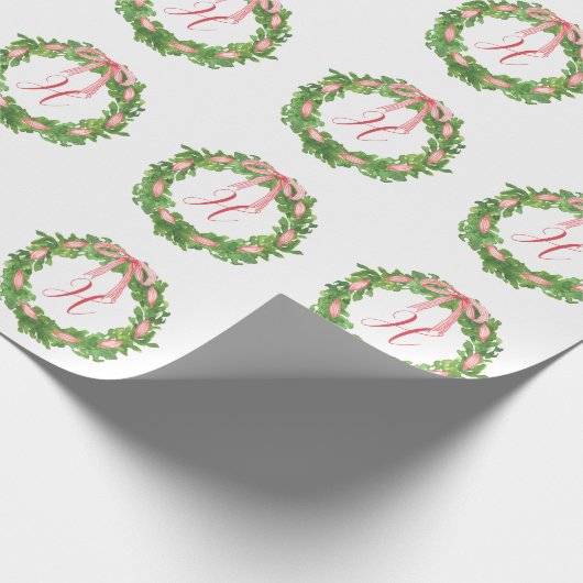 Waterverf Gestreepte Boog krans Kerstmis Monogram Cadeaupapier (Hoek)