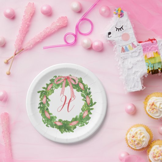 Waterverf Gestreepte Boog krans Kerstmis Monogram Papieren Bordje (Feest)