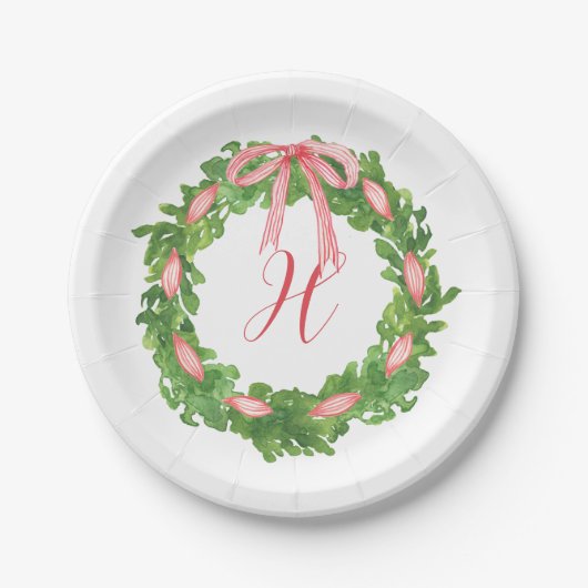 Waterverf Gestreepte Boog krans Kerstmis Monogram Papieren Bordje (Voorkant)