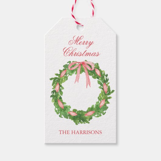 Waterverf Gestreepte Lintkrans Kerstmis Cadeaulabel (Voorkant)